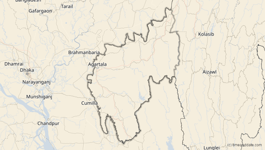 A map of Tripura, Indien, showing the path of the 28. Feb 2063 Ringförmige Sonnenfinsternis