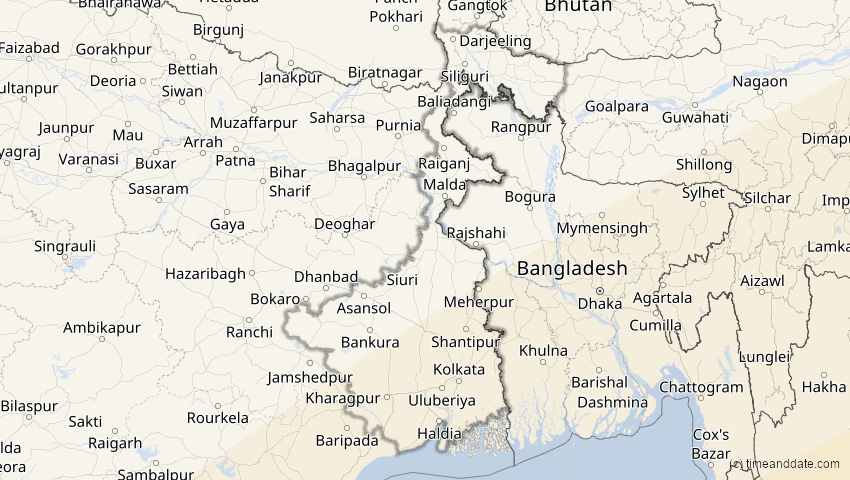 A map of Westbengalen, Indien, showing the path of the 28. Feb 2063 Ringförmige Sonnenfinsternis