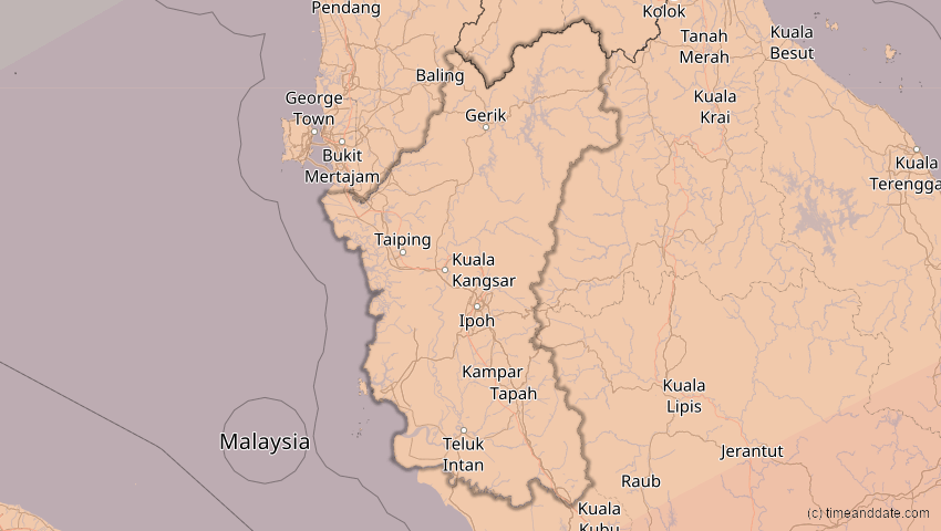 A map of Perak, Malaysia, showing the path of the 28. Feb 2063 Ringförmige Sonnenfinsternis