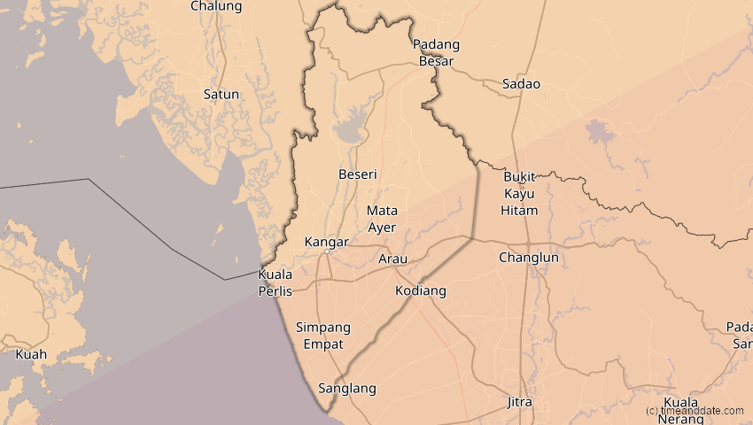 A map of Perlis, Malaysia, showing the path of the 28. Feb 2063 Ringförmige Sonnenfinsternis