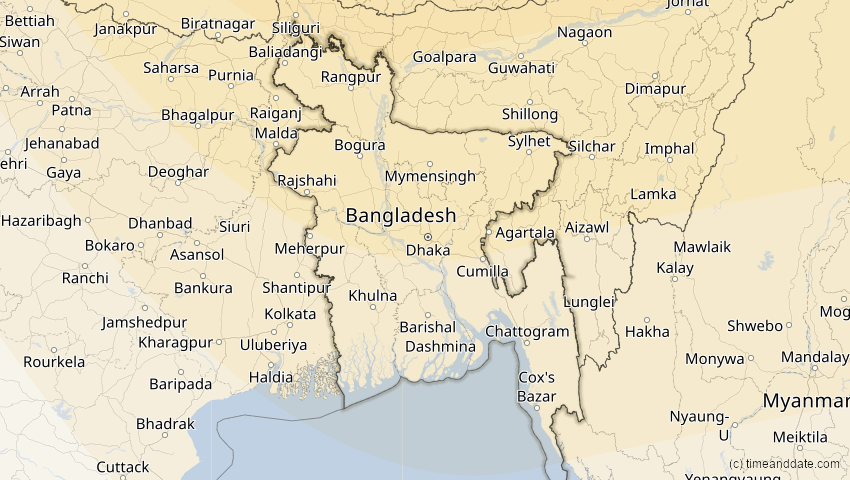 A map of Bangladesch, showing the path of the 24. Aug 2063 Totale Sonnenfinsternis