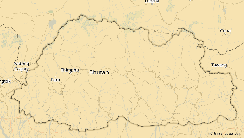 A map of Bhutan, showing the path of the 24. Aug 2063 Totale Sonnenfinsternis