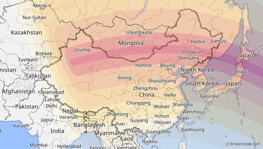 A map of China, showing the path of the 24. Aug 2063 Totale Sonnenfinsternis