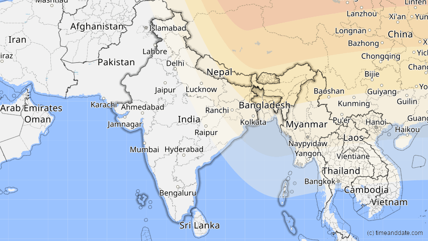 A map of Indien, showing the path of the 24. Aug 2063 Totale Sonnenfinsternis