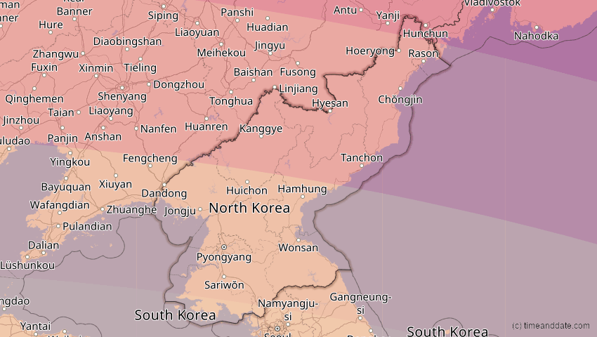 A map of Nordkorea, showing the path of the 24. Aug 2063 Totale Sonnenfinsternis