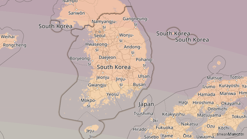 A map of Südkorea, showing the path of the 24. Aug 2063 Totale Sonnenfinsternis