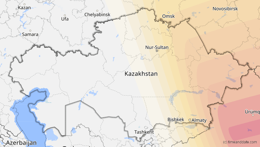 A map of Kasachstan, showing the path of the 24. Aug 2063 Totale Sonnenfinsternis