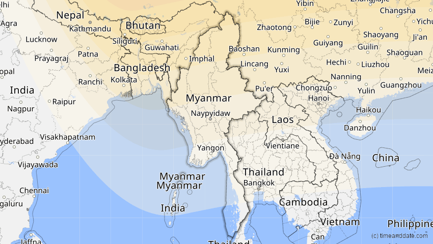 A map of Myanmar, showing the path of the 24. Aug 2063 Totale Sonnenfinsternis