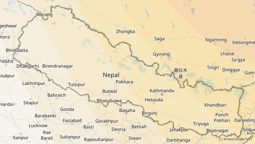A map of Nepal, showing the path of the 24. Aug 2063 Totale Sonnenfinsternis