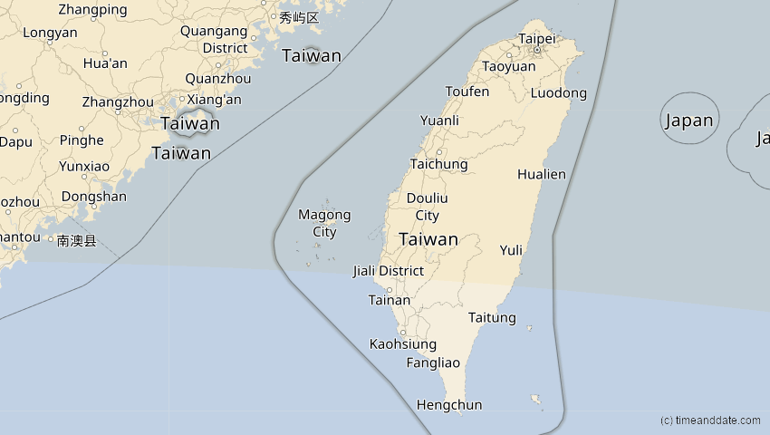A map of Taiwan, showing the path of the 24. Aug 2063 Totale Sonnenfinsternis