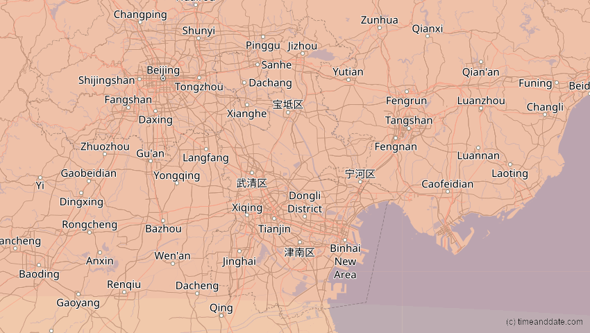 A map of Tianjín, China, showing the path of the 24. Aug 2063 Totale Sonnenfinsternis