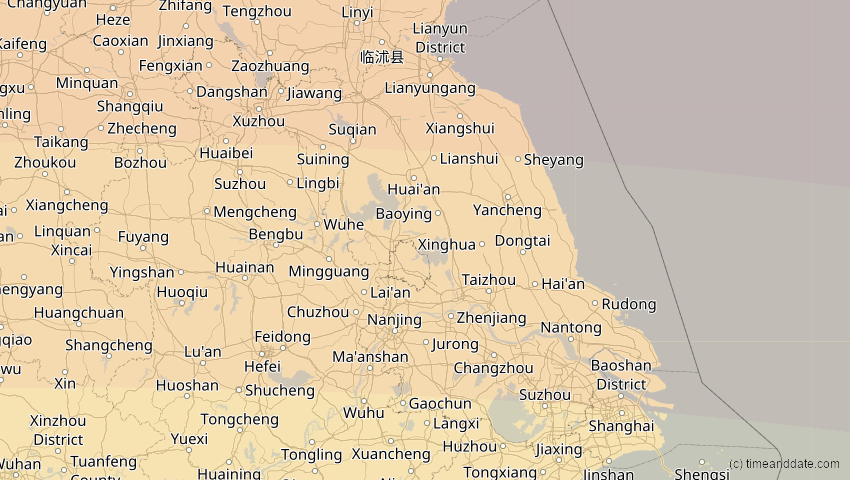 A map of Jiangsu, China, showing the path of the 24. Aug 2063 Totale Sonnenfinsternis