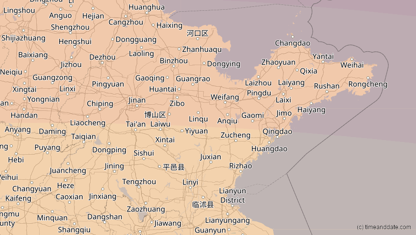 A map of Shandong, China, showing the path of the 24. Aug 2063 Totale Sonnenfinsternis