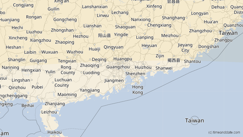A map of Guangdong, China, showing the path of the 24. Aug 2063 Totale Sonnenfinsternis