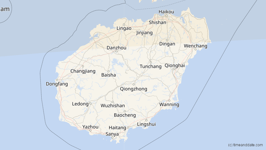 A map of Hainan, China, showing the path of the 24. Aug 2063 Totale Sonnenfinsternis