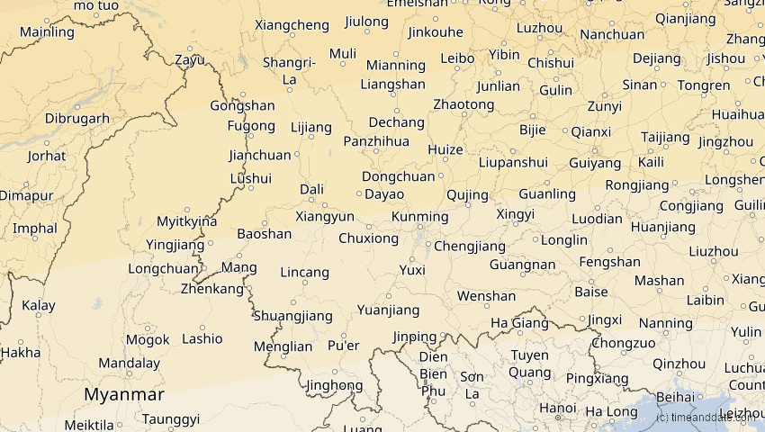 A map of Yunnan, China, showing the path of the 24. Aug 2063 Totale Sonnenfinsternis