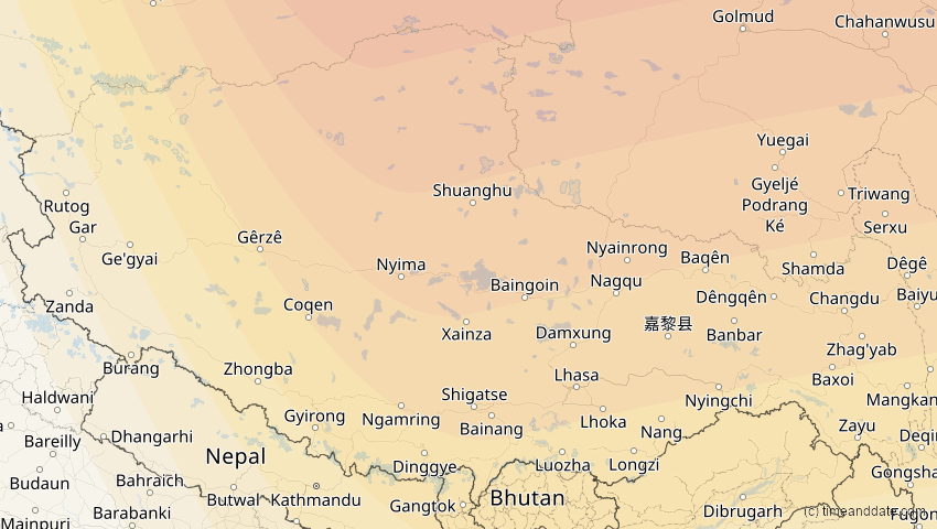 A map of Tibet, China, showing the path of the 24. Aug 2063 Totale Sonnenfinsternis