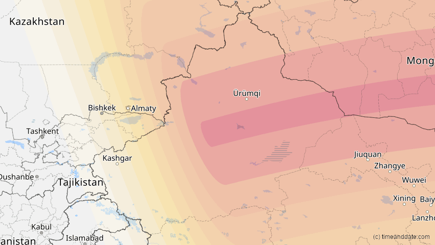 A map of Xinjiang, China, showing the path of the 24. Aug 2063 Totale Sonnenfinsternis