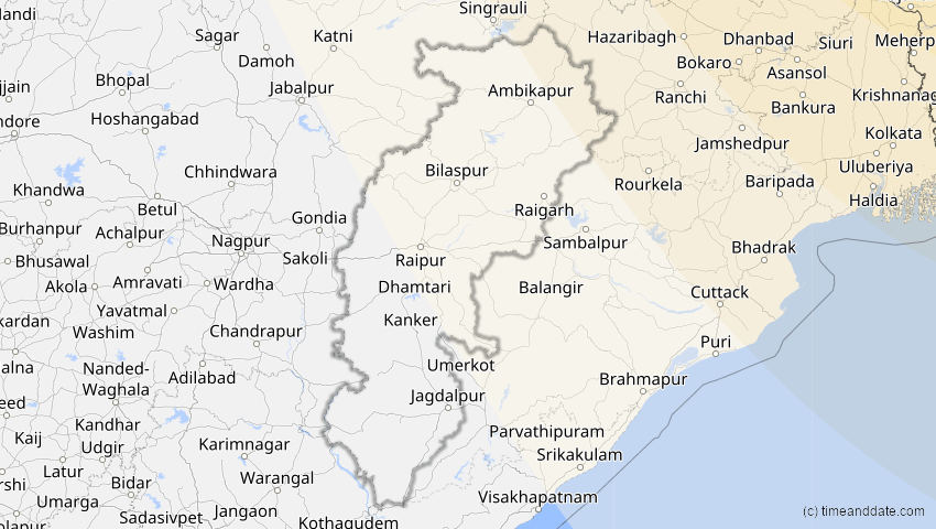 A map of Chhattisgarh, Indien, showing the path of the 24. Aug 2063 Totale Sonnenfinsternis