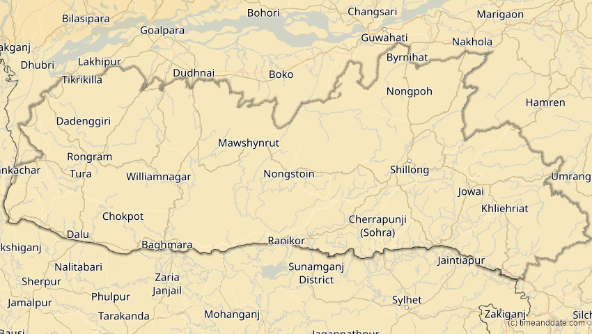 A map of Meghalaya, Indien, showing the path of the 24. Aug 2063 Totale Sonnenfinsternis