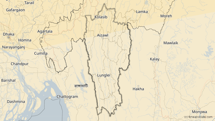 A map of Mizoram, Indien, showing the path of the 24. Aug 2063 Totale Sonnenfinsternis