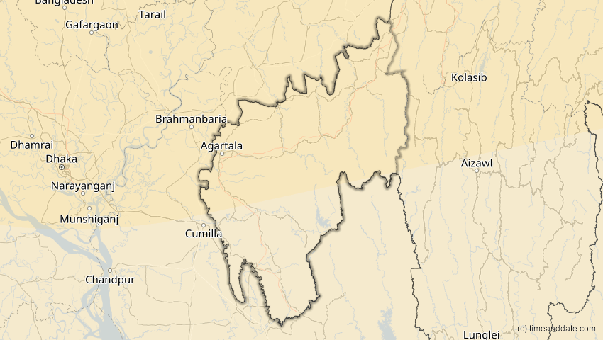 A map of Tripura, Indien, showing the path of the 24. Aug 2063 Totale Sonnenfinsternis