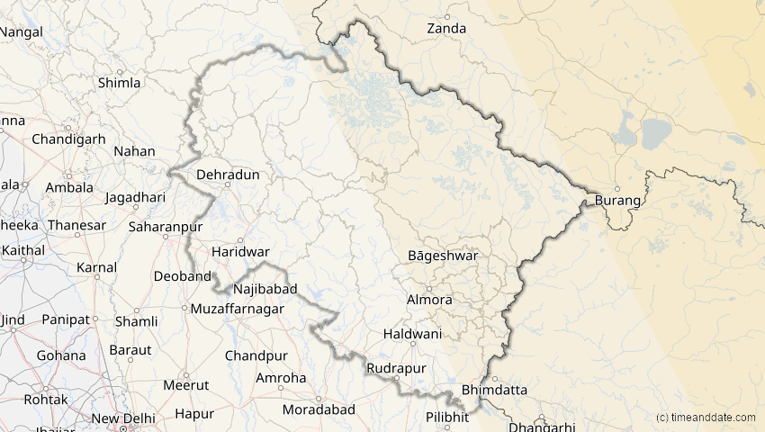 A map of Uttarakhand, Indien, showing the path of the 24. Aug 2063 Totale Sonnenfinsternis