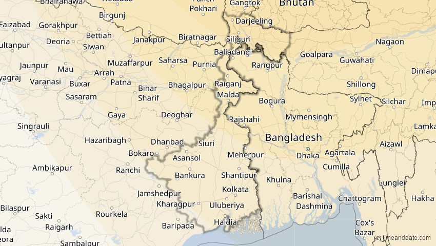 A map of Westbengalen, Indien, showing the path of the 24. Aug 2063 Totale Sonnenfinsternis