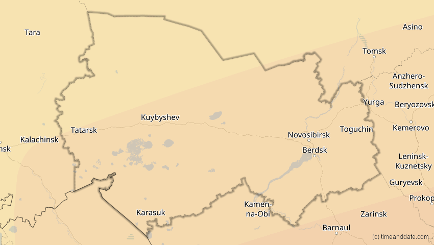 A map of Nowosibirsk, Russland, showing the path of the 24. Aug 2063 Totale Sonnenfinsternis