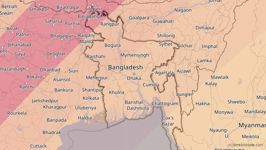 A map of Bangladesch, showing the path of the 17. Feb 2064 Ringförmige Sonnenfinsternis