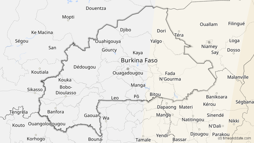 A map of Burkina Faso, showing the path of the 17. Feb 2064 Ringförmige Sonnenfinsternis