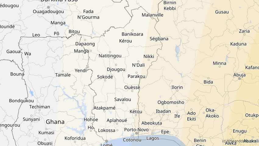 A map of Benin, showing the path of the 17. Feb 2064 Ringförmige Sonnenfinsternis