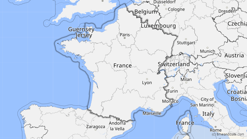 A map of Frankreich, showing the path of the 17. Feb 2064 Ringförmige Sonnenfinsternis