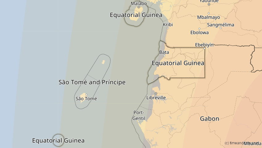 A map of Äquatorialguinea, showing the path of the 17. Feb 2064 Ringförmige Sonnenfinsternis