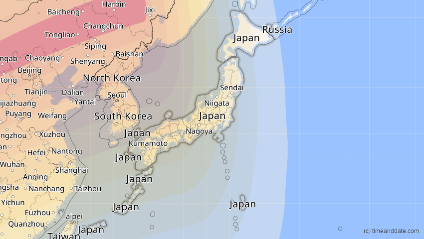 A map of Japan, showing the path of the 17. Feb 2064 Ringförmige Sonnenfinsternis