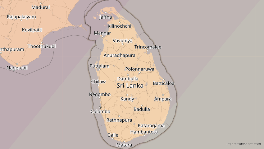 A map of Sri Lanka, showing the path of the 17. Feb 2064 Ringförmige Sonnenfinsternis