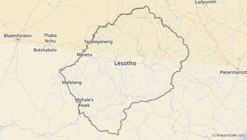 A map of Lesotho, showing the path of the 17. Feb 2064 Ringförmige Sonnenfinsternis