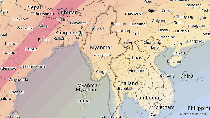 A map of Myanmar, showing the path of the 17. Feb 2064 Ringförmige Sonnenfinsternis
