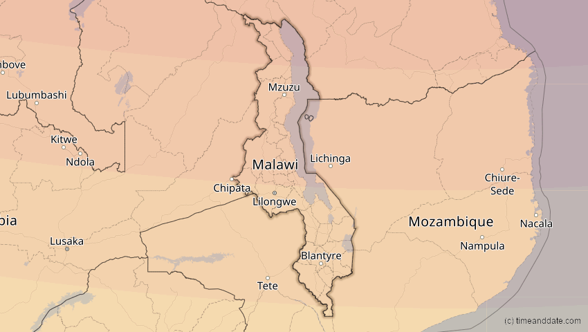 A map of Malawi, showing the path of the 17. Feb 2064 Ringförmige Sonnenfinsternis