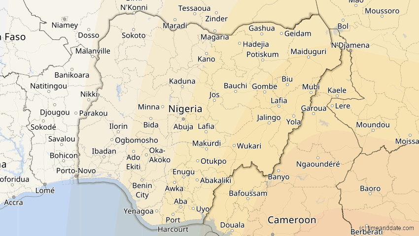 A map of Nigeria, showing the path of the 17. Feb 2064 Ringförmige Sonnenfinsternis