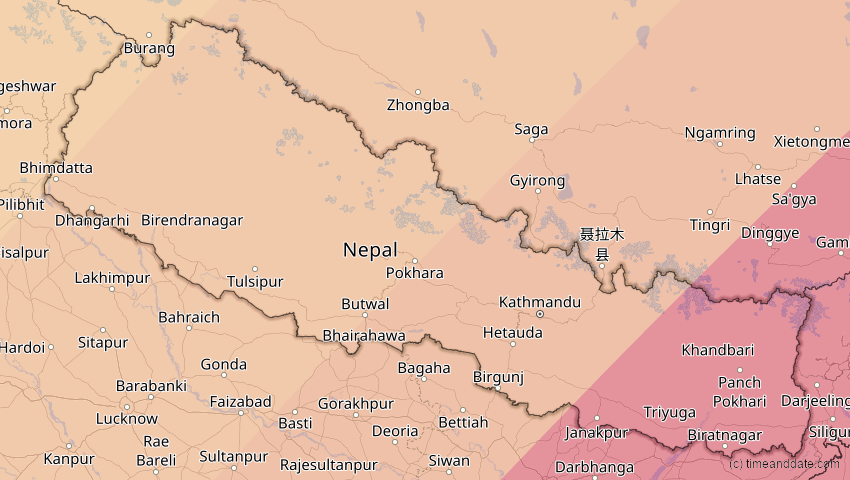 A map of Nepal, showing the path of the 17. Feb 2064 Ringförmige Sonnenfinsternis