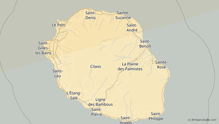 A map of Réunion, showing the path of the 17. Feb 2064 Ringförmige Sonnenfinsternis