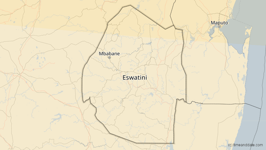 A map of Eswatini, showing the path of the 17. Feb 2064 Ringförmige Sonnenfinsternis