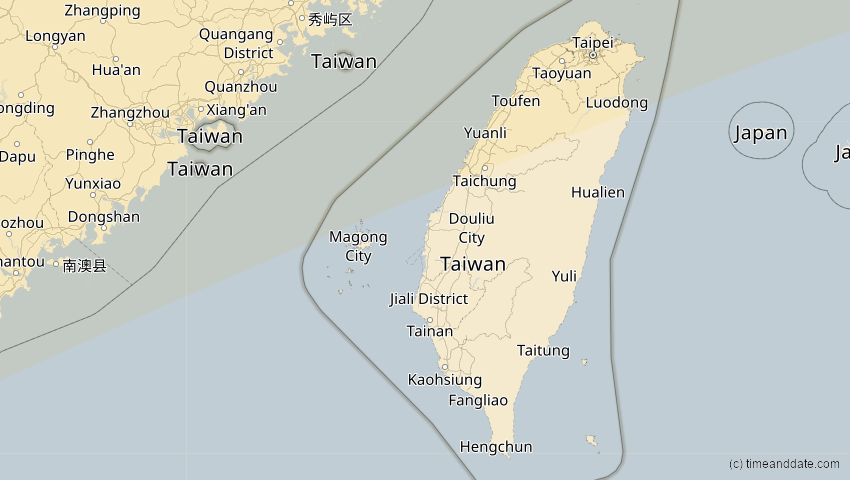 A map of Taiwan, showing the path of the 17. Feb 2064 Ringförmige Sonnenfinsternis