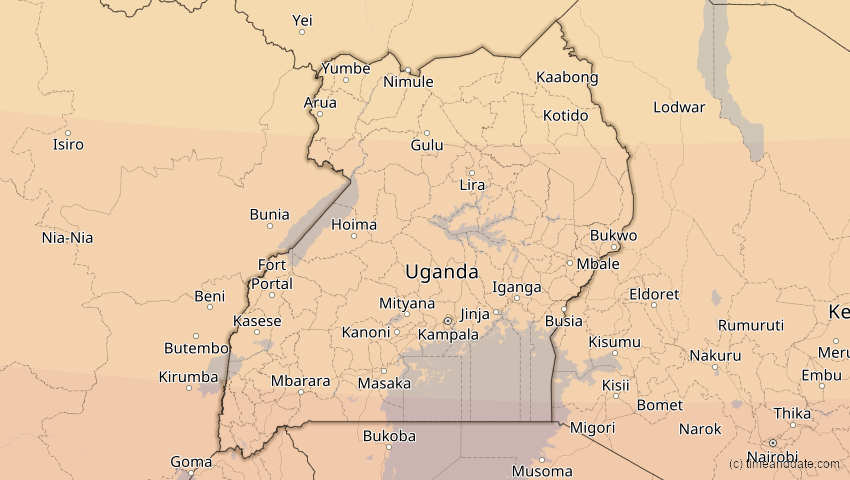 A map of Uganda, showing the path of the 17. Feb 2064 Ringförmige Sonnenfinsternis