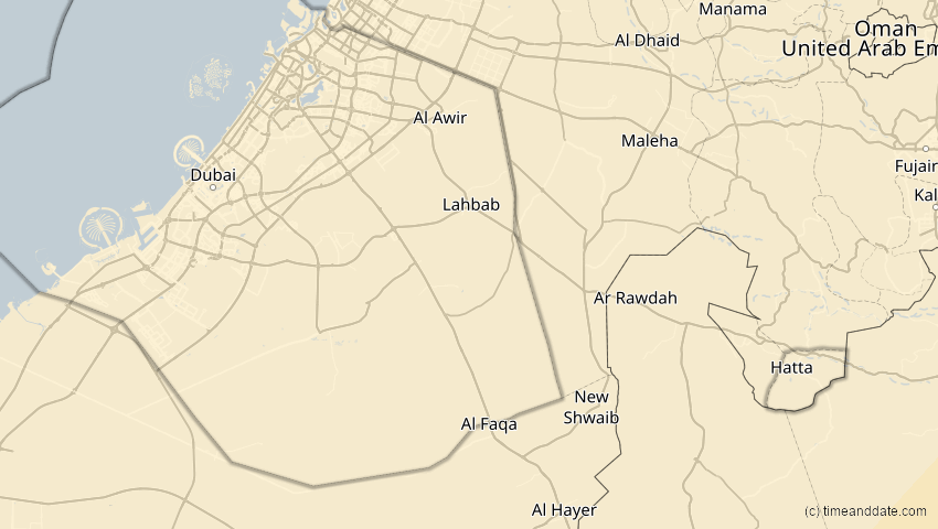 A map of Dubai, Vereinigte Arabische Emirate, showing the path of the 17. Feb 2064 Ringförmige Sonnenfinsternis