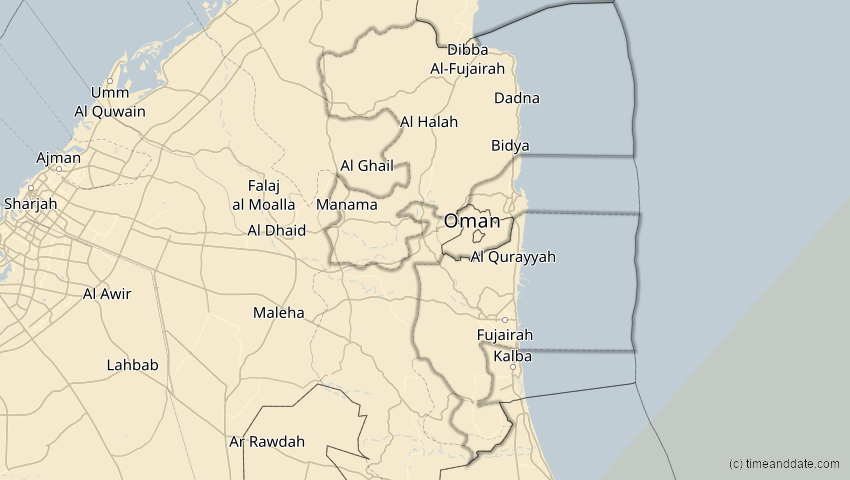 A map of Fudschaira, Vereinigte Arabische Emirate, showing the path of the 17. Feb 2064 Ringförmige Sonnenfinsternis