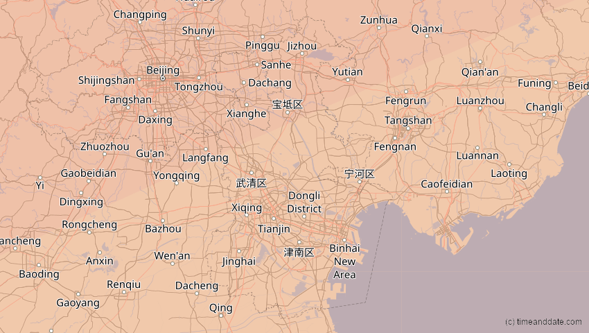 A map of Tianjín, China, showing the path of the 17. Feb 2064 Ringförmige Sonnenfinsternis
