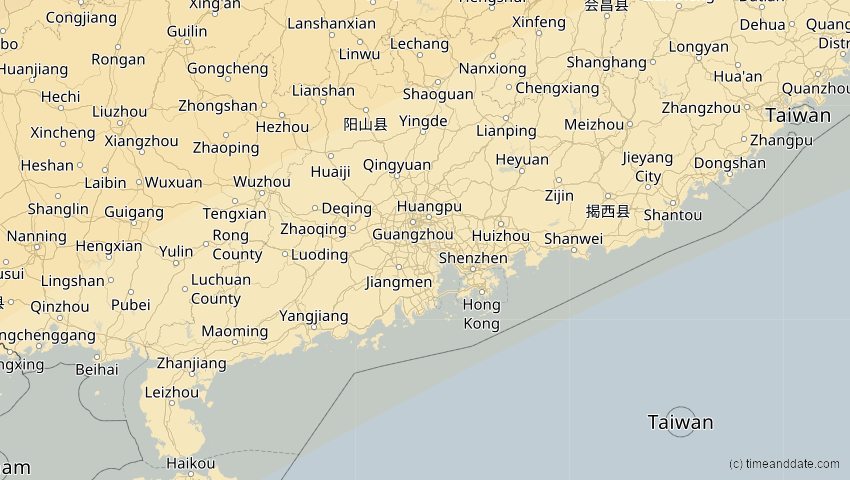 A map of Guangdong, China, showing the path of the 17. Feb 2064 Ringförmige Sonnenfinsternis