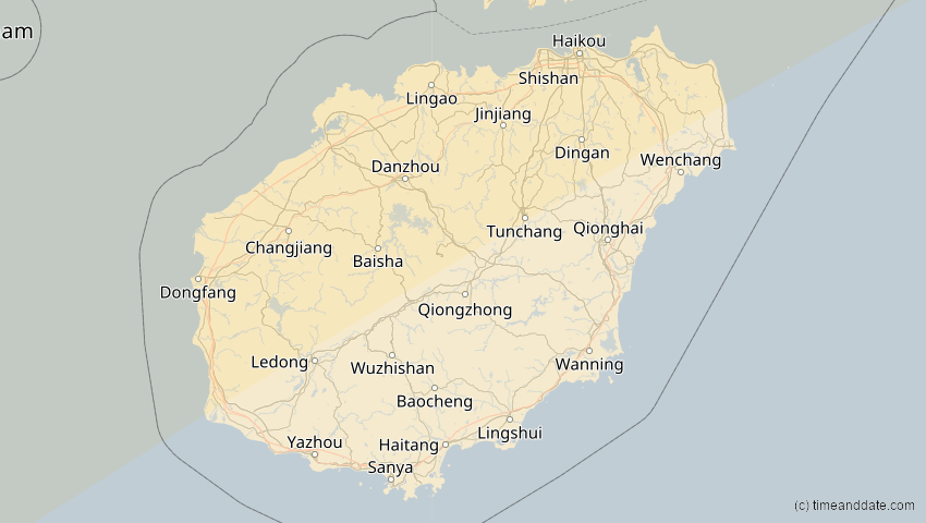 A map of Hainan, China, showing the path of the 17. Feb 2064 Ringförmige Sonnenfinsternis